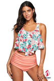 New Women's Pink Floral Print Crop Ruffled Overlay High Waist Tankini, Sz L!