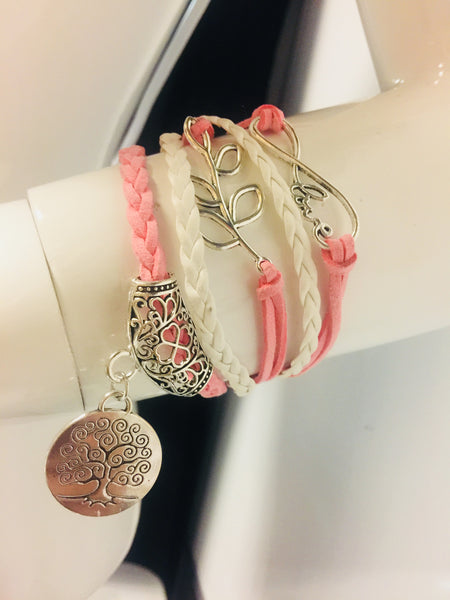 Brand new Trendy Women's Multi-Layered Friendship Leather Braided Bracelet.  Pink Love, Tree of Life