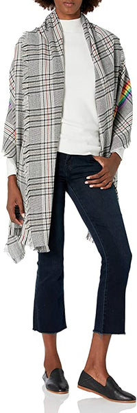 Brand new Collection XIIX Women's Woven Plaid oversized Wrap Scarf! This wrap is a fun take on a classic menswear print. It features a bright, Rainbow stripe running vertical through the wrap!