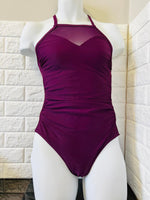 New women's One piece swimsuit with mesh inset & shirred sides for tummy coverage! Also nice strappy detail in the back! Sz M, Plum