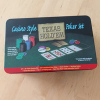 New Casino Style Poker Set in Tin Case! Includes everything you need for a great game of poker! Tin may have some dents from transport