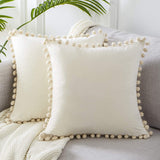 New Top Finel Decorative Throw Pillow Covers with Pom-poms Soft Particles Velvet Solid Cushion Covers 20 X 20, Pack of 2, Cream