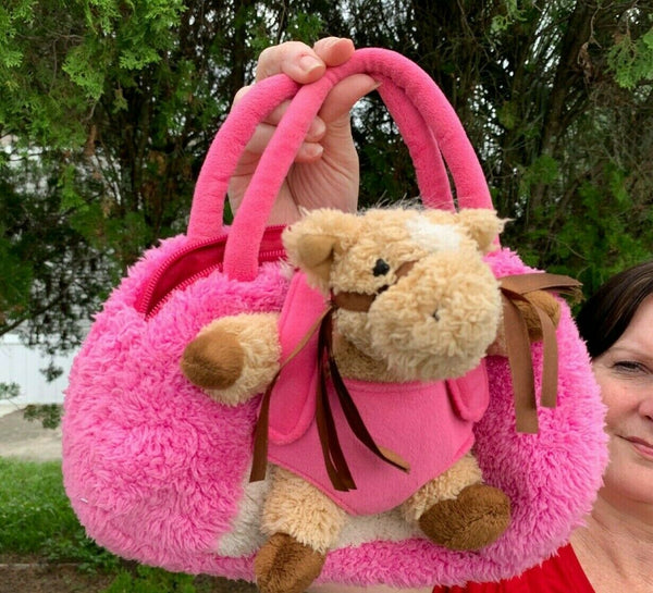 New with tags! Popatu Pink Purse Handbag with removable 11" Plush Stuffed Horse Animal Toy!