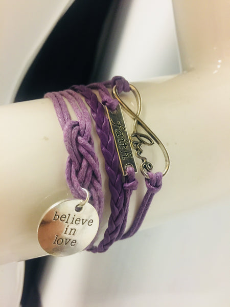 Brand new Trendy Women's Multi-Layered Friendship Leather Braided Bracelet. Purple Faith, Love, Believe in Love!