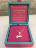 Brand new in Colourful Wooden Gift Box! Little Girls Over the Rainbow Necklace with Pendant, lobster clasp! Verse inside the box!
