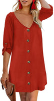 Brand new Ailunsnika Women's V Neck Button Down Tunic Dress A Line Roll up Tab Sleeve Casual Mini Dress! Sz XL, Red!