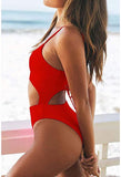 New Women Cutout One Piece Swimsuit Back Hollow Tie Straps Monokini High Waist Tummy Control Solid Bathing Suit, Red, Sz L!