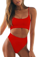 New Women Cutout One Piece Swimsuit Back Hollow Tie Straps Monokini High Waist Tummy Control Solid Bathing Suit, Red, Sz L!