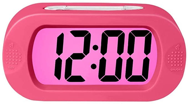 New Digital Alarm Clock, Relime Upgraded Shockproof LCD Display Travel Clock with Silicone Cover Snooze Soft Nightlight Ascending Sound Alarm Desk Clock Battery Powered for Home, Office, Bedroom - Pink