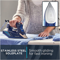 New in box! Rowenta DW9280 Smart Digital Display Steam Iron, Stainless Steel Soleplate, 1800-Watt, 400-Hole with vertical steam function for linens, clothes, Blue! Retails $178+
