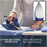 New in box! Rowenta DW9280 Smart Digital Display Steam Iron, Stainless Steel Soleplate, 1800-Watt, 400-Hole with vertical steam function for linens, clothes, Blue! Retails $178+