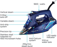 New in box! Rowenta DW9280 Smart Digital Display Steam Iron, Stainless Steel Soleplate, 1800-Watt, 400-Hole with vertical steam function for linens, clothes, Blue! Retails $178+