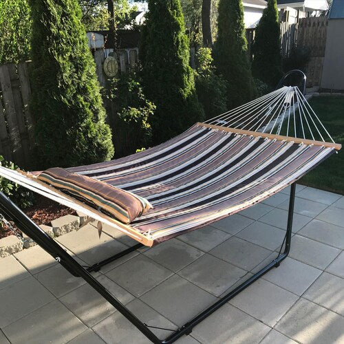 New in box! Sunnydaze Quilted Indoor/Outdoor Double Hammock with Stand - Large 2-Person Heavy-Duty Hammock with Multi-Use Universal Steel Stand For Backyard & Patio - 450-Pound Capacity - Sandy Beach Fabric! Retails $392+