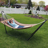 New in box! Sunnydaze Quilted Indoor/Outdoor Double Hammock with Stand - Large 2-Person Heavy-Duty Hammock with Multi-Use Universal Steel Stand For Backyard & Patio - 450-Pound Capacity - Sandy Beach Fabric! Retails $392+