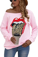 New SENFURE Womens Red Lips Leopard Print Lightweight off shoulder Sweatshirt in pink, Sz XXL!