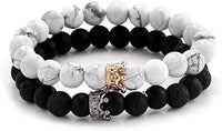 New SEVENSTONE Couple Black Matte Agate & White Howlite CZ Crown Prince & Princess 8mm Beads Bracelet, 7.5"