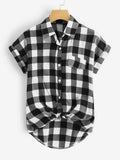 New Women's Shein Buffalo Plaid Rolled Cuff Knot Hem Shirt, Sz L! Rated 4.86 out of 5 stars!