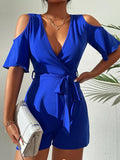 New Shein Cold Shoulder Surplice Neck Belted Romper in Royal Blue, Sz L! Rated 4.89 out of 5 stars, fits true