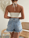 New Solid Criss Cross Tie Back Crop Halter Top, Sz XS!