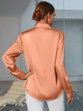 New Women's Shein Curved Hem Satin Shirt in Coral Orange! Looks & Feels like silk! Sz XL! Fits True! Rated 4.86 out of 5 stars!