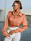 New Women's Shein Curved Hem Satin Shirt in Coral Orange! Looks & Feels like silk! Sz XL! Fits True! Rated 4.86 out of 5 stars!