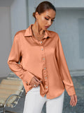 New Women's Shein Curved Hem Satin Shirt in Coral Orange! Looks & Feels like silk! Sz XL! Fits True! Rated 4.86 out of 5 stars!