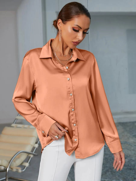 New Women's Shein Curved Hem Satin Shirt in Coral Orange! Looks & Feels like silk! Sz XL! Fits True! Rated 4.86 out of 5 stars!