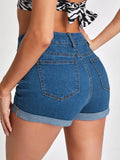 New SHEIN Mid-Waist Ripped Detail Cuffed Denim Shorts, Sz XL! Great stretch denim fabric
