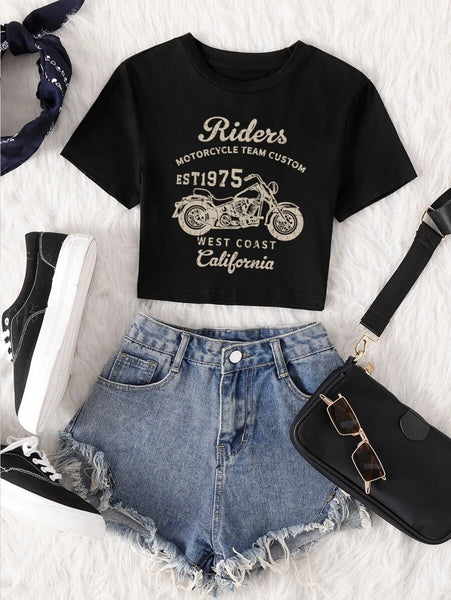 New Women's Shein Motorcycle & Letter Graphic Tee, Black, Sz S! Rated 4.93 out of 5 stars! "love love, cute, fits true"