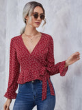 New Women's SHEIN Ditsy Floral Flounce Sleeve Wrap Knot Side Peplum Hem Blouse, Sz S!