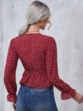New Women's SHEIN Ditsy Floral Flounce Sleeve Wrap Knot Side Peplum Hem Blouse, Sz S!