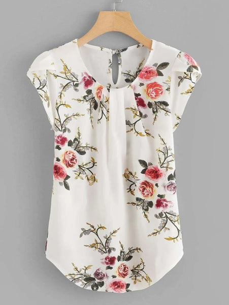 New Women's Shein Floral Print Pleated Cap Sleeve Top, sz S! Rated 4.87 out of 5 stars! Fits True