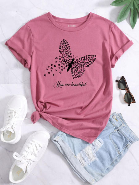 New Women's Shein Slogan And Butterfly Print Tee in Dusty Pink, Sz L! Fits True! Rated 4.98 out of 5!! Super Hot colour!