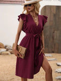 New Shein Surplice Neck Butterfly Sleeve Belted Dress, Burgundy, Sz L! Rated 4.78 out of 5 stars, fits well, good quality!