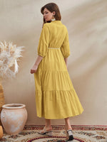 New Women's Bohemian Tie Neck Lantern Sleeve Tassel Detail Ruffle Hem Belted Dress, Mustard Yellow, Sz L!