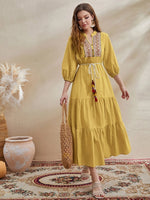 New Women's Bohemian Tie Neck Lantern Sleeve Tassel Detail Ruffle Hem Belted Dress, Mustard Yellow, Sz L!