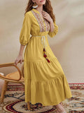 New Women's Bohemian Tie Neck Lantern Sleeve Tassel Detail Ruffle Hem Belted Dress, Mustard Yellow, Sz L!