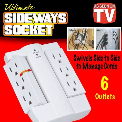 ULTIMATE SIDEWAYS SOCKET! Triple your socket space and clear up those cords! Provides 6 outlets swivel 90° side to side