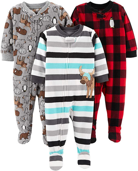 Simple Joys by Carter's 3-Pack Loose Fit Fleece Footed Pajamas! Arctic Animals/Stripe Mouse/Buffalo Check! Sz 5T