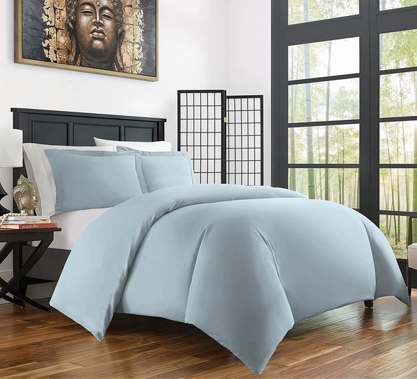 Premier 3300 Bamboo Comfort 3 Piece Ultra Soft Reversible Duvet Cover set, Queen! Wrinkle, Fade & Stain Resistant! Sky Blue