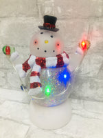 Brand new in box! Glitter in Motion light up LED Snowman Globe! Battery operated, batteries included Approx 9 Inches High