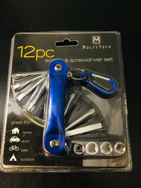 Brand new in package! Multi-Tech 12 Piece socket & screwdriver set! Includes 7 screwdrivers, 4 sockets & socket adapter, Includes Carabiner clip