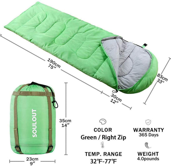 New SOULOUT Sleeping Bag - 4 Seasons Warm Cold Weather Lightweight,  Portable, Waterproof Sleeping Bag with Compression Sack for Adults & Kids,  Green!