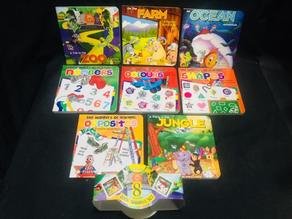 Brand new set of 8 Board Books with foil inserts on each page to keep child's interest! Your child can feel the colourful foil on each page while they learn! Retails $30+