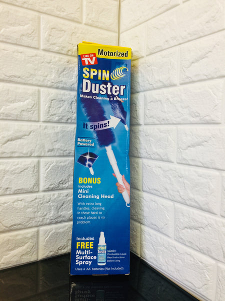 New in slightly damaged box! As seen on TV Motorized Spin Duster with extra bonus mini cleaning head & multi surface spray!