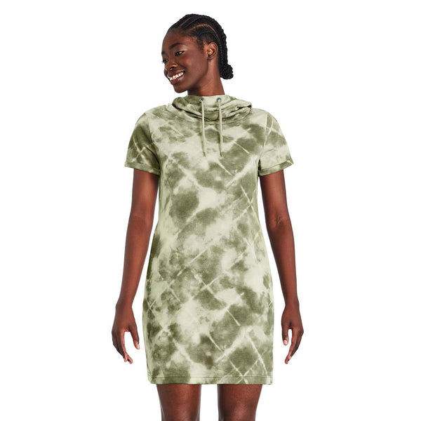 New Women's Green Printed short sleeve sweater dress with hood, Sz L!