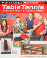 Brand new Portable Action Table Tennis; includes net with spring loaded clamps, 2 spin surface paddles, 3 regulation size balls! Fits most Tables!