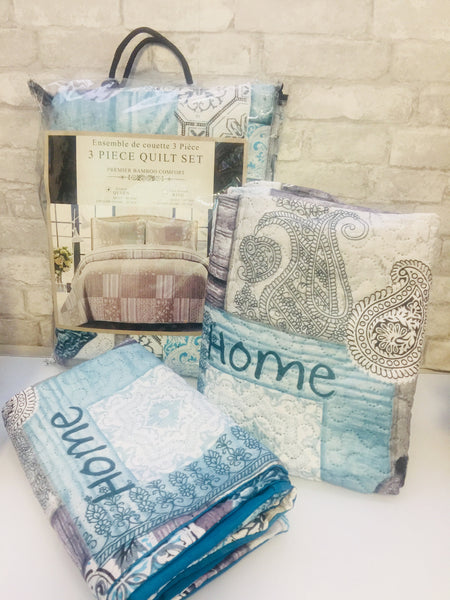 Brand new Premier Bamboo Comfort All Season 3 Piece Quilt Set! Fits Double/Queen! Teal & Grey Paisley Home Print!