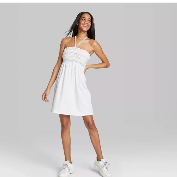 New Wild Fable Womens Dress Sleeveless Smocked Terry Convertible Dress White, Sz XL! Great as a dress, cover up or to wear after shower/hot tub!