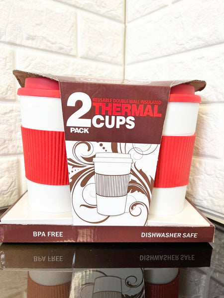 2 Pack Reusable Double Wall Insulated Thermal Cups! 16 Fluid Oz, BPA Free, Dishwasher Safe!